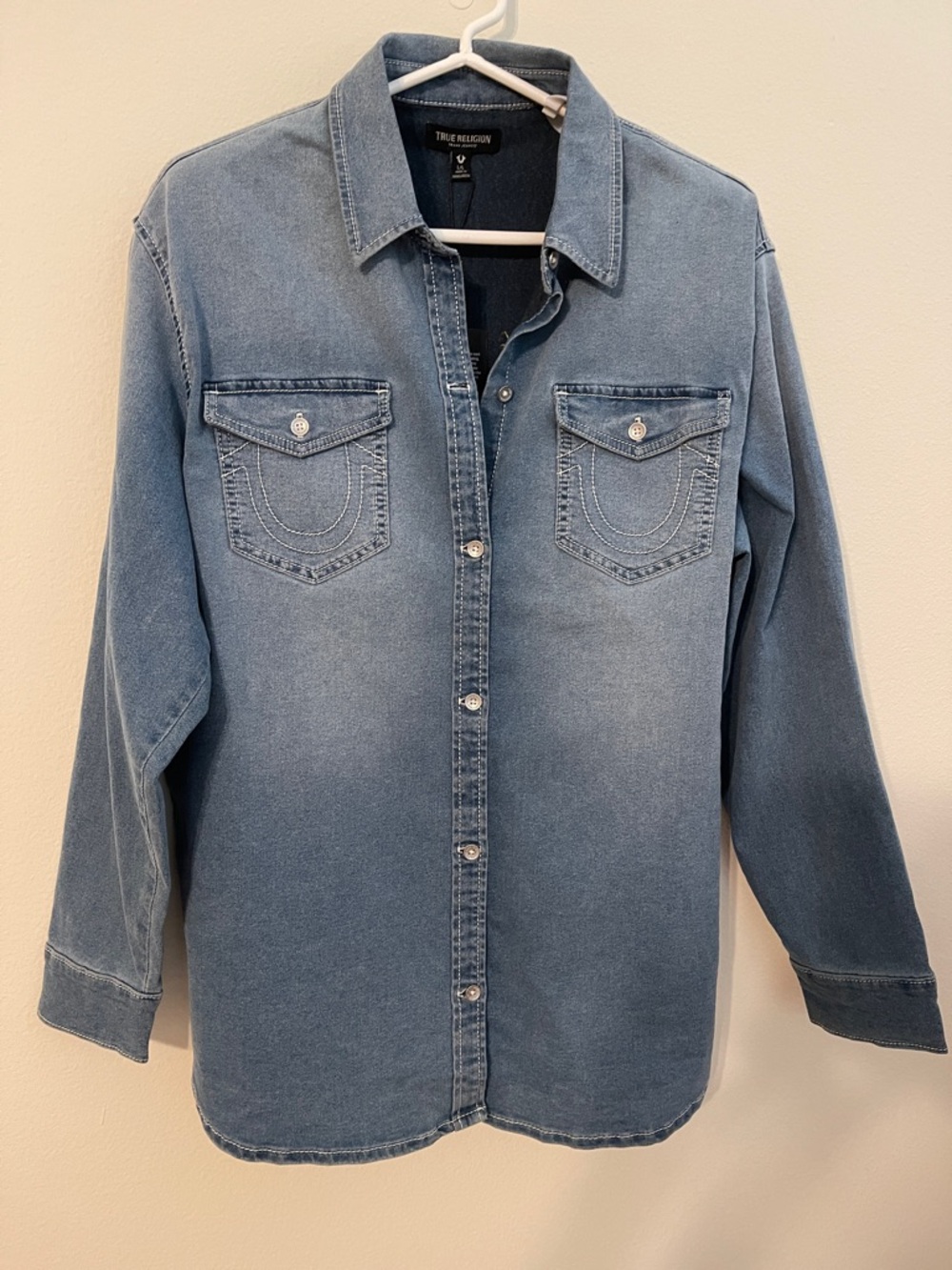 NWT True Religion Oversized Light Wash Denim Button-Down Shirt